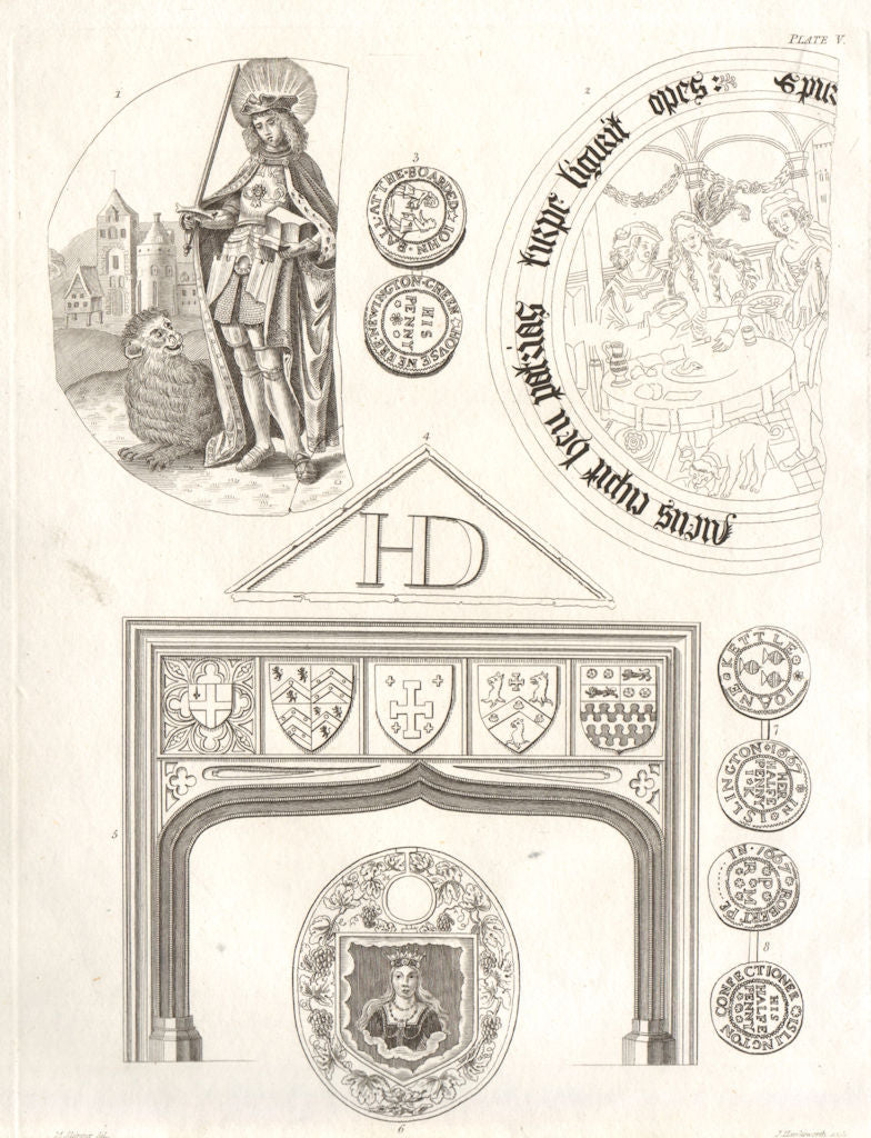 ISLINGTON PARISH. Fireplace. Seals. Knight with animal. Penny Coins 1823 print